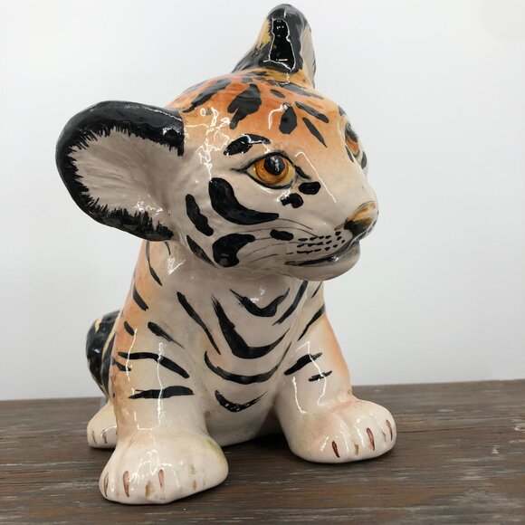 Mid century Italian glazed Hand Painted Tiger Cub Figurine Ceramic Vintage 8" - Picture 5 of 10